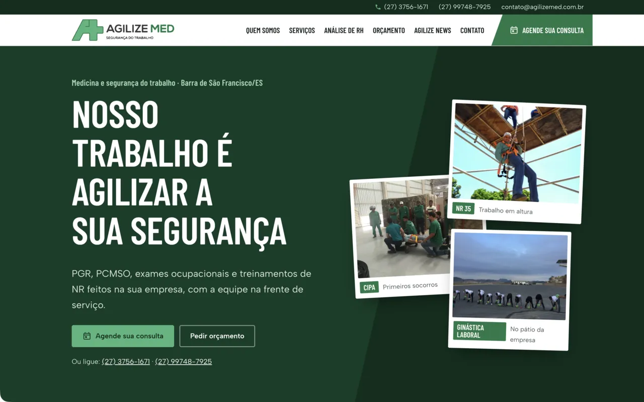 Site da AgilizeMED, medicina e segurança do trabalho em Barra de São Francisco
