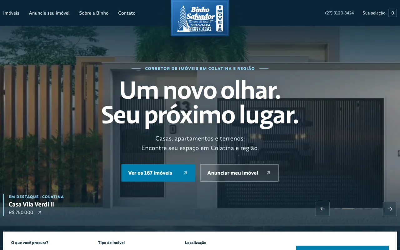 Site da Binho Imóveis: fotografias em perspectiva e catálogo de imóveis