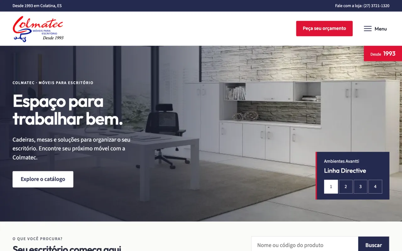 Site da Colmatec com catálogo de móveis para escritório