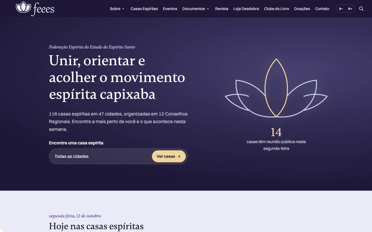 Site da Federação Espírita do Estado do Espírito Santo com o lótus do logo desenhado em luz e a busca de casas espíritas por cidade