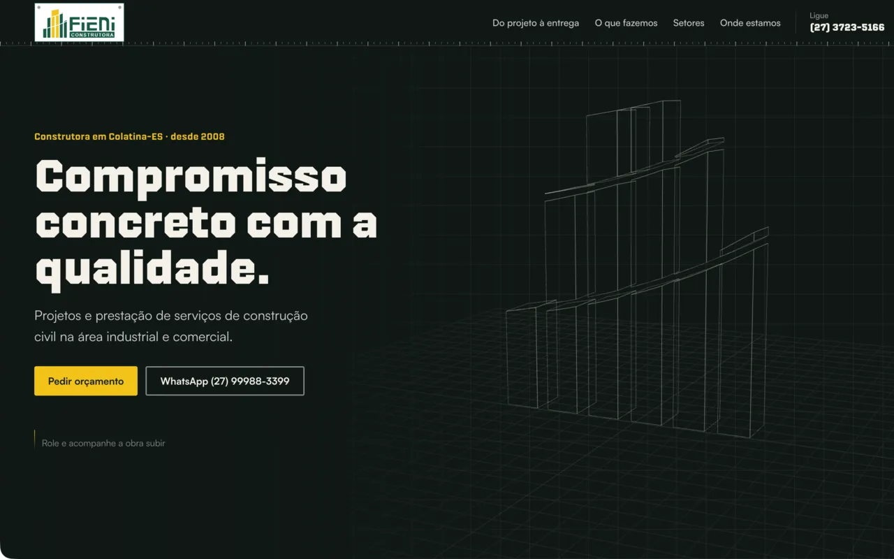 Site da Fieni Construtora com o título Compromisso concreto com a qualidade e o traço em 3D das colunas do logo