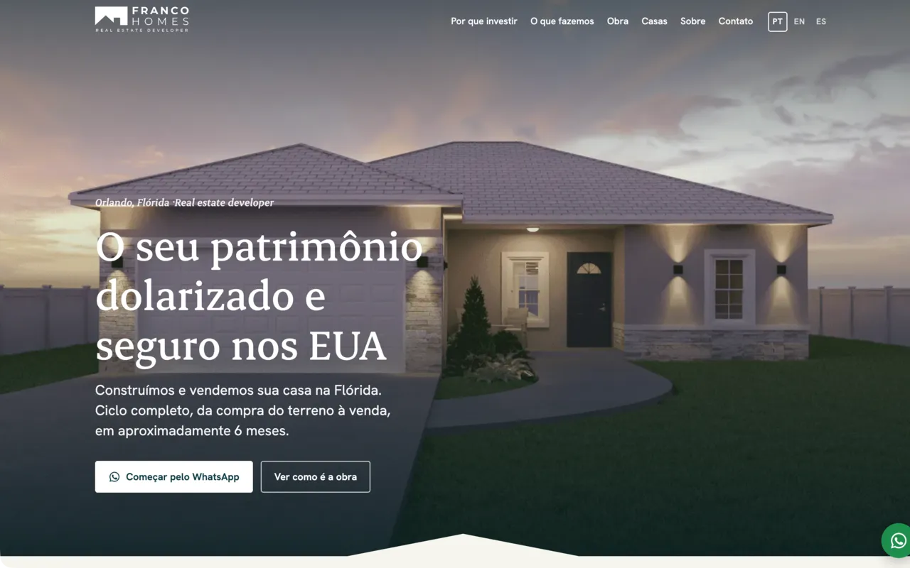 Site da Franco Homes, construtora de casas na Flórida para investidores brasileiros