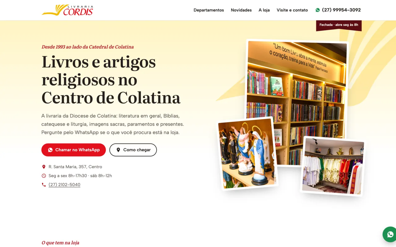 Site da Livraria Cordis, livraria da Diocese de Colatina