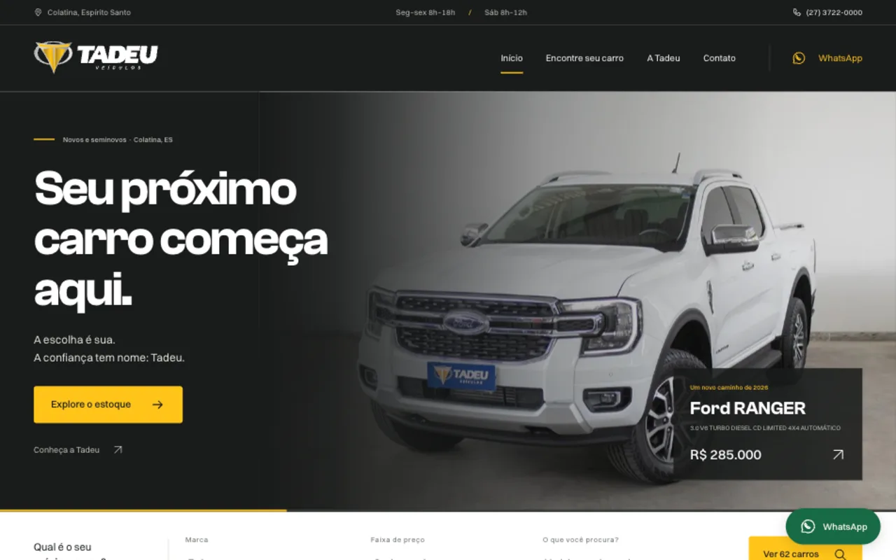 Site da Tadeu Veículos com estoque de carros novos e seminovos em Colatina