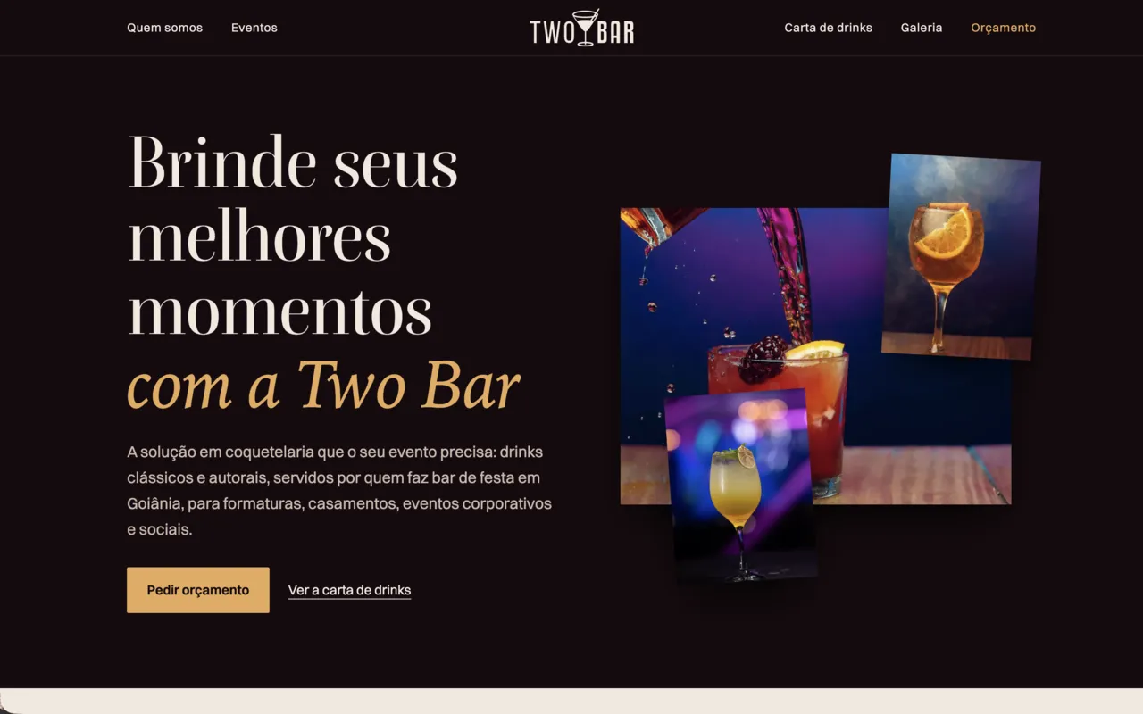Site da Two Bar, coquetelaria para eventos