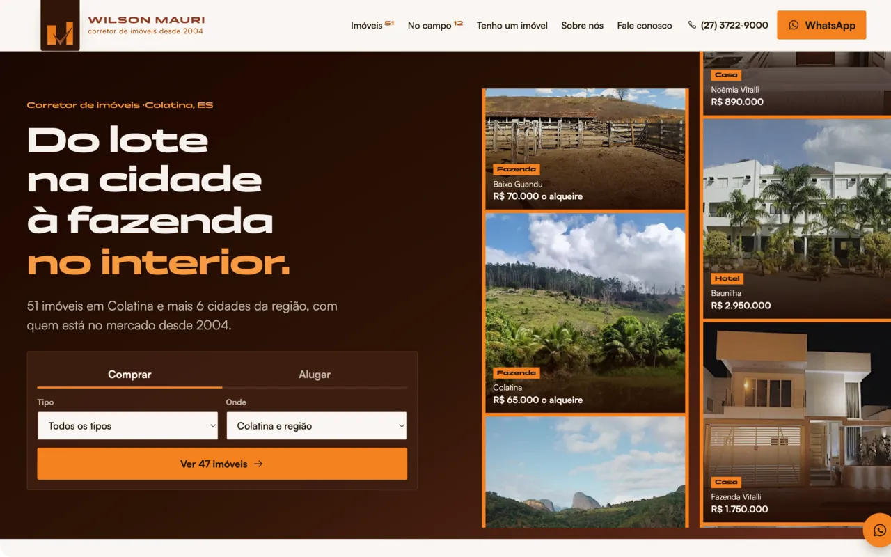 Site da Wilson Mauri Imobiliária, do lote na cidade à fazenda no interior, em Colatina
