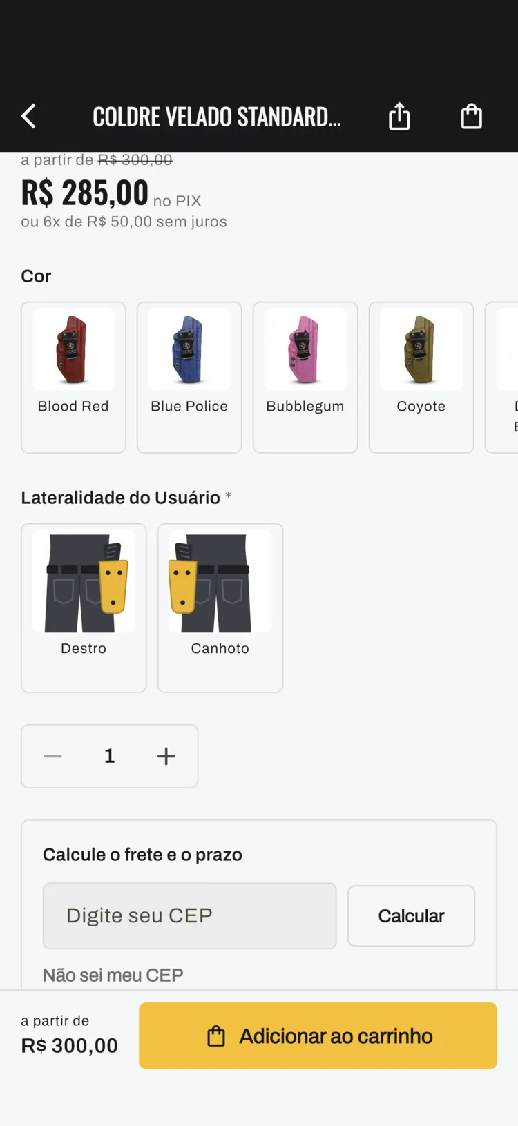 App da Combat Custom, cor e lateralidade do coldre